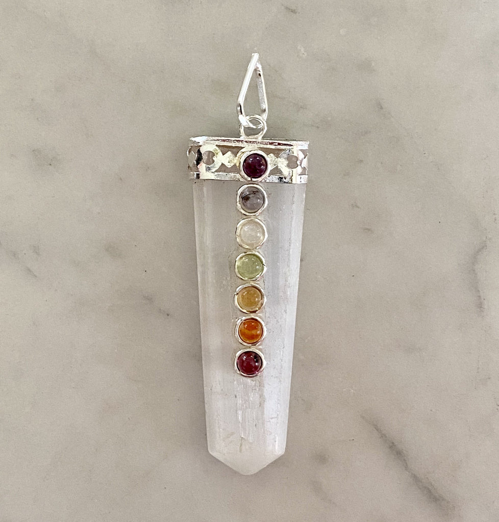 White Selenite Crystal Pendant with Chakra Stones