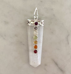 White Selenite Crystal Pendant with Chakra Stones